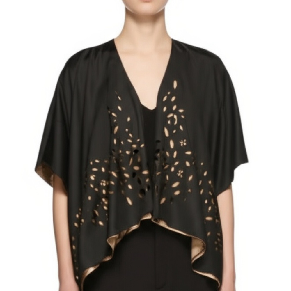 D Collection Cardigan Top Size S Black Taupe Open Front Laser Cut Chic Versatile